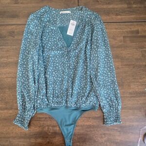 Abercrombie & Fitch Teal Floral Tie-Front Long Sleeve Bodysuit Medium NEW